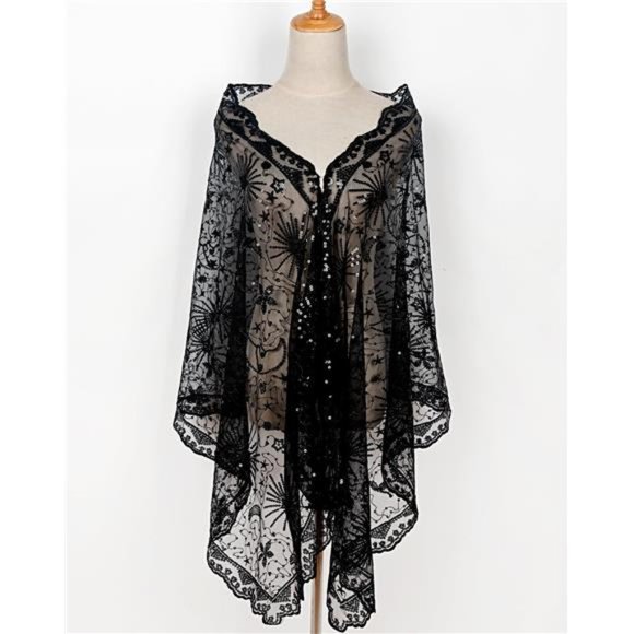 Boho Black Moon & Star Sheer Mesh Sequin Embellished Shawl Wrap Scarf Formal - Picture 3 of 7